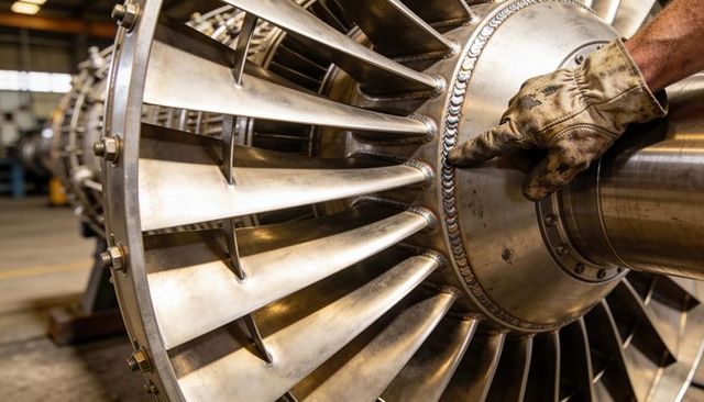 Engineer inspecting and pointing at welded joint on axial turbine rotor during maintenance