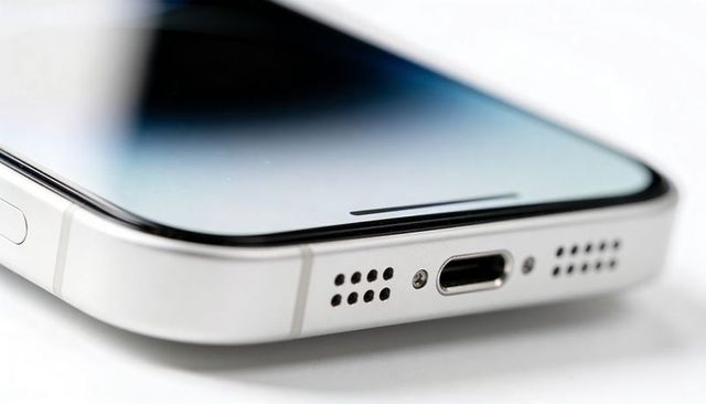 Macro smartphone closeup showing charging port and speaker grille on metal frame