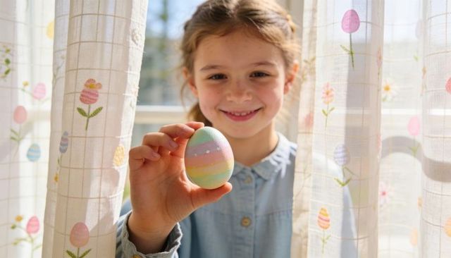 Smiling young girl holding pastel easter egg in sunlit window with embroidered floral curtains