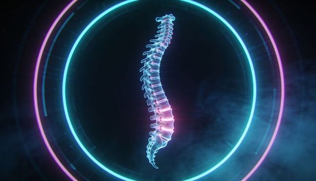 Holographic spine floating in neon cyan magenta rings with translucent vertebrae