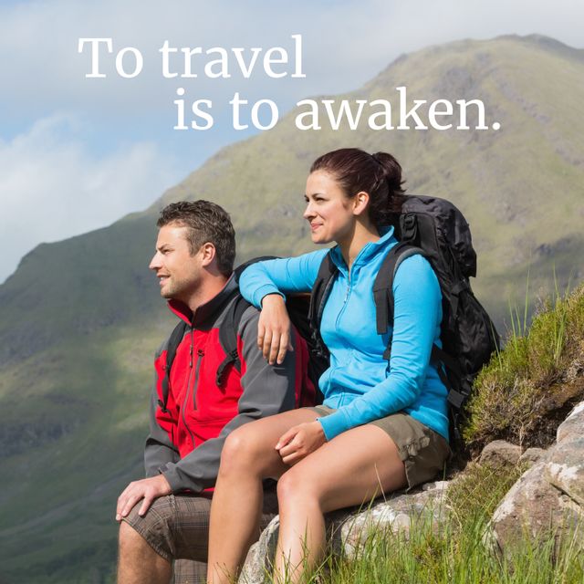 Couple sitting on a rocky terrain with mountains in the background, both wearing backpacks. This image captures the essence of outdoor adventure and inspiration. Ideal for travel blogs, motivational posters, and nature-themed marketing campaigns.