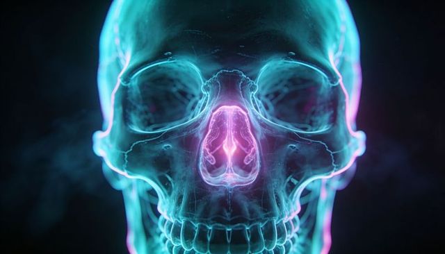 Neon glass skull glowing with cyan-magenta rim light and luminous nasal cavity