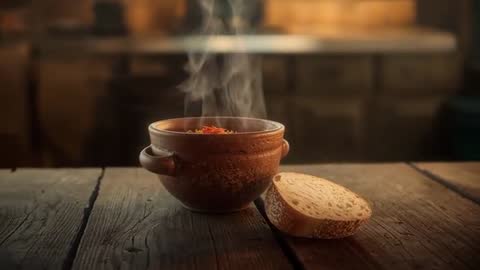 Steaming Clay Pot at Rustic Wooden Tabletop with Seeded Bread