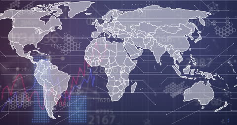 Digital World Map Overlaying Rising Stock Market Graphs