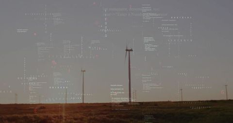 Wind Turbine with Digital Code Overlay Symbolizing Tech Integration