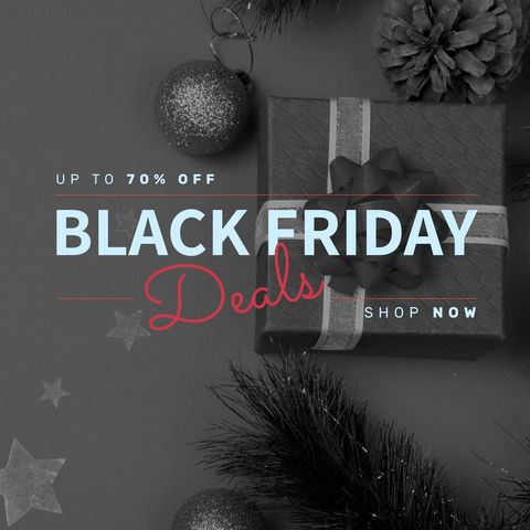 Black Friday Sale Banner with Gift Box and Holiday Decorations