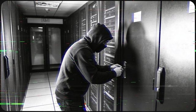 Hooded intruder manipulating server cabinet lock in dark datacenter corridor with glitch