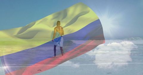 Standing Traveler with Colombian Flag and Ocean View