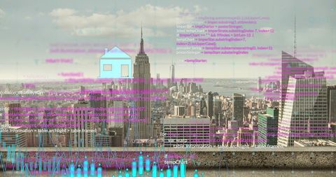 City skyline blending software code overlay and data visualization from rooftop perspective
