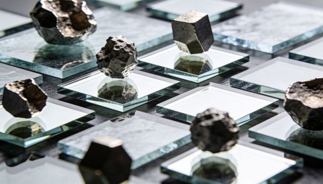 Metallic polyhedral forms reflecting on stacked glass tiles, geometric grid with nuggets