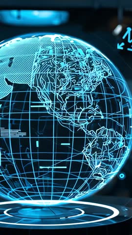 Rotating Holographic Globe Displaying Digital Grid Lines for Futuristic Data Interface