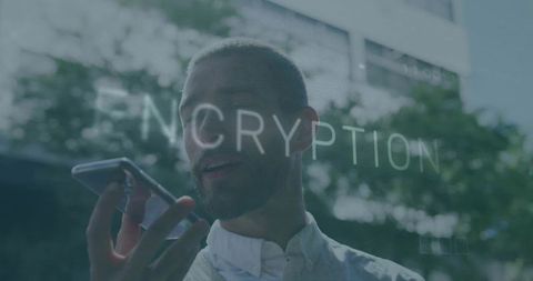 Professional Man Speaking to Smartphone with Encryption Overlay