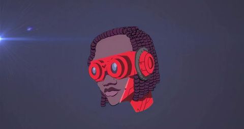 Floating Cybernetic Human Head with Futuristic Red Visor