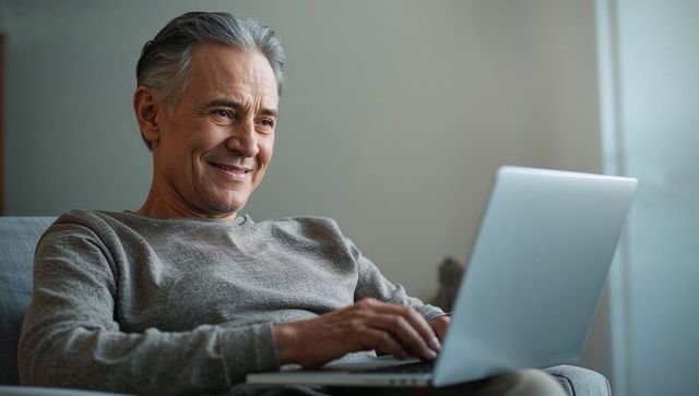 Senior Man Working Remotely on Laptop in Sunlit Living Room, Relaxed and Focused