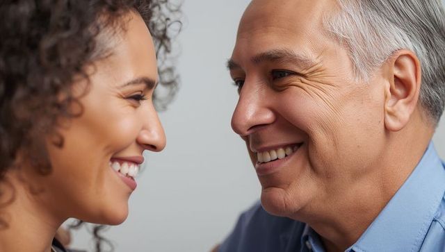 Smiling mature man and younger woman sharing intimate gaze and genuine warm connection