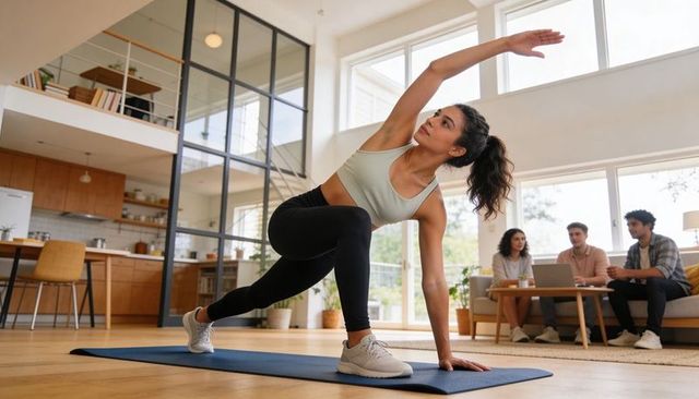Woman stretching in modern loft living room during home workout on yoga mat