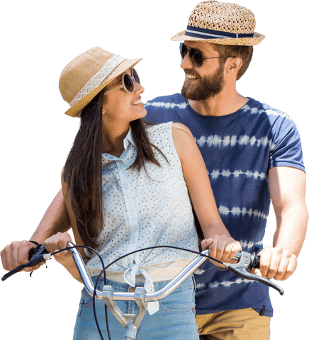 Smiling Couple Cycling with Stylish Hats on Transparent Background
