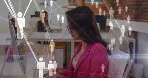 Businesswoman Networking in Office with Digital Connectivity Overlay