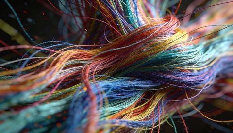 Twisting multicolor metallic threads and iridescent fibers knotted shimmering macro closeup