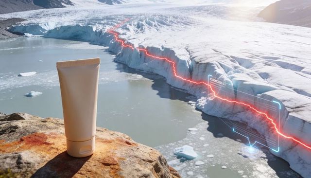 Beige product tube overlooking melting glacier with red fissure and holographic overlay