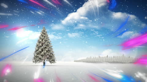 Snowy Landscape with Christmas Tree and Colorful Light Trails