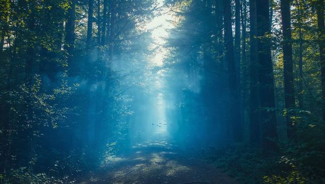 Misty Forest Trail Illuminated by Morning Sunbeams at Dawn