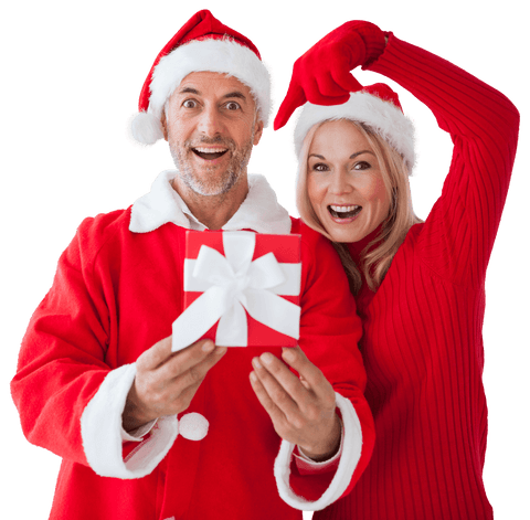 Transparent Happy Couple Holding Christmas Gift Box in Holiday Attire