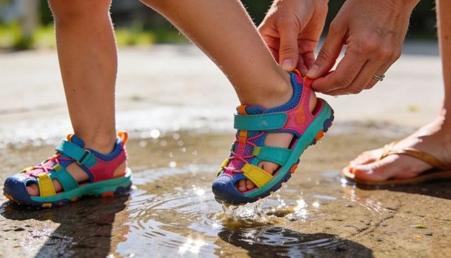 Colorful kids sandals splashing in puddle while caregiver fastening velcro strap
