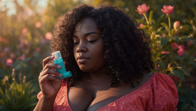 Woman in garden holding teal inhaler during golden hour