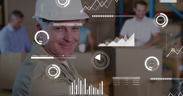 Smiling Worker Wearing Helmet and Various Digital Data Visualizations - Download Free Stock Images Pikwizard.com