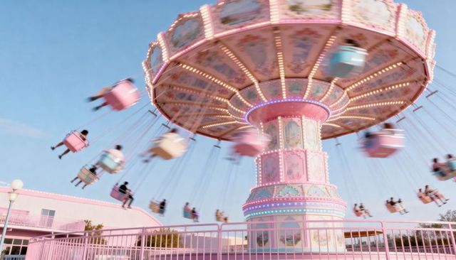 Pastel swing carousel spinning with motion blur, retro lights and pink fence at carnival