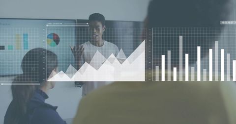 Young professional presenting data analytics with augmented charts in modern boardroom