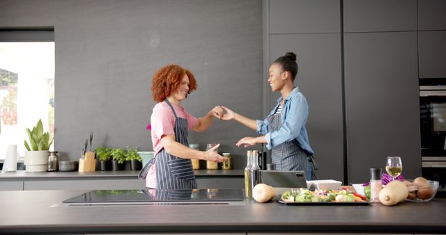 Two women dancing and cooking in modern kitchen - Download Free Stock Images Pikwizard.com