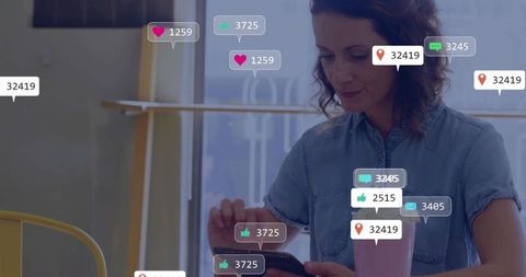 Woman Engaging with Smartphone and Social Media in Cozy Cafe