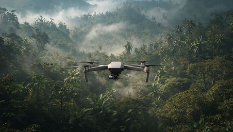 Hovering drone filming misty tropical rainforest canopy over mountain valley camera gimbal