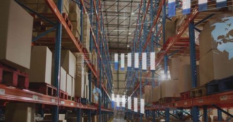 High-tech warehouse aisle showcasing pallet racking, stacked boxes and hud overlays