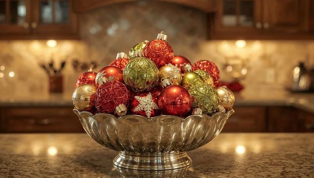 Festive holiday centerpiece of red green gold ornaments in silver scalloped bowl on granite