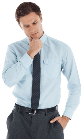 Transparent Thoughtful Businessman in Blue Shirt Considering Ideas