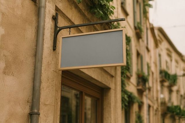 Empty signboard hanging on vintage european street