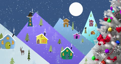 Festive Animated Village Scene with Christmas Trees and Snowfall