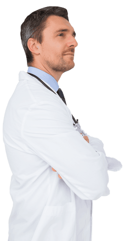 Confident young doctor in white coat standing tall transparent