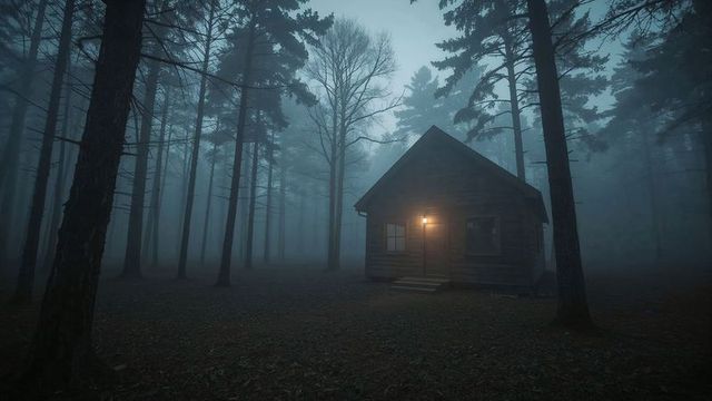 Rustic Cabin Illuminated in Misty Forest at Night