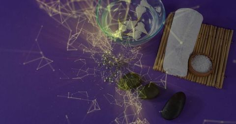 Tranquil spa scene with digital network overlay and copy space