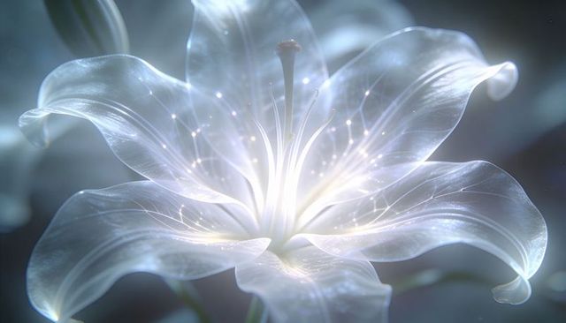 Macro luminous translucent white lily with sparkling filaments and pearlescent glow