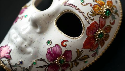 Porcelain venetian mask resting with gilded floral paint and emerald crystal embellishments