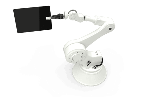 Transparent robotic arm holding tablet vector illustration