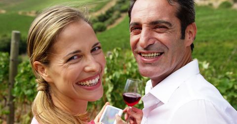 Happy Couple Enjoying Wine in Vineyard Retreat - Download Free Stock Images Pikwizard.com