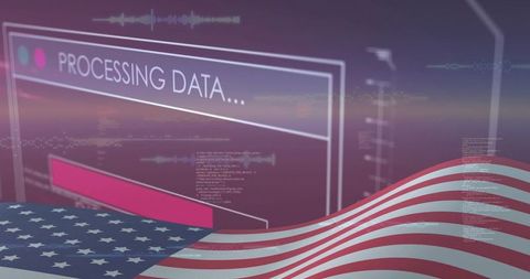 Waving us flag over processing data interface cybersecurity and patriotic technology concept