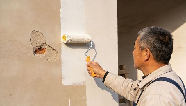 Senior man painting interior wall with roller during home renovation and plaster patching