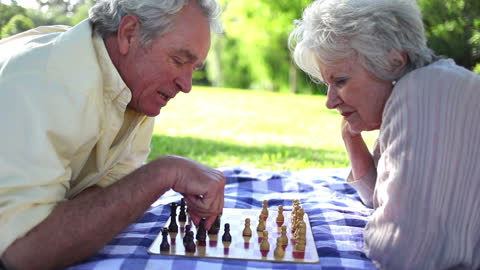 Elderly Couple Enjoying Chess in Sunny Park